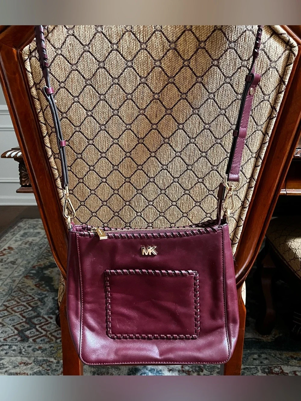 Michael Kors Vintage Gloria Pocket Stitched Crossbody Bag Purse Oxblood Leather